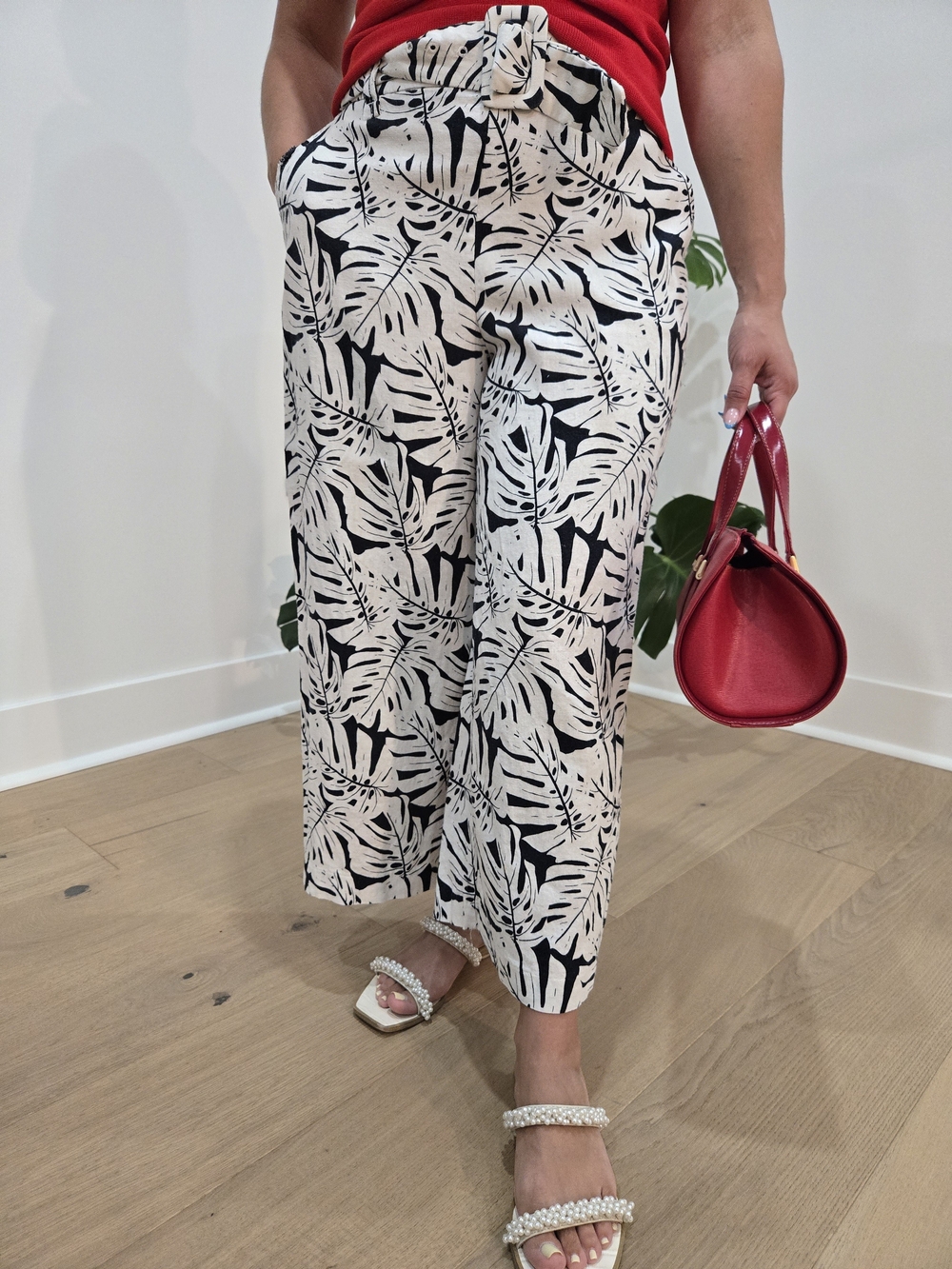 Sigrid Olsen Coastal Tropical Palm Leaf Wide Leg Culotte Pants With Belt Sz 6